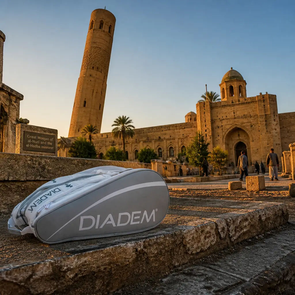 beginner tennis classes Fort Lauderdale Beach — the Diadem Tour V3 Tennis Bag (9 Racquet) photographed at the Great Mosque of al-Nuri in Mosul, Iraq. The tall cylindrical brick al-Hadba minaret stands beside the mosque, seven bands of geometric brickwork running up it, the courtyard newly paved. Camera low and close in the courtyard looking up the length of the minaret, golden hour on a warm evening with the low sun raking across the brick patterning and long shadows on the flagstones: worshippers arriving for the evening prayer, two masons carrying a cut stone between them, a foreman folding a drawing against the wind, children running the length of the courtyard. The bag stands upright against the courtyard wall in the near foreground, nobody touching it.