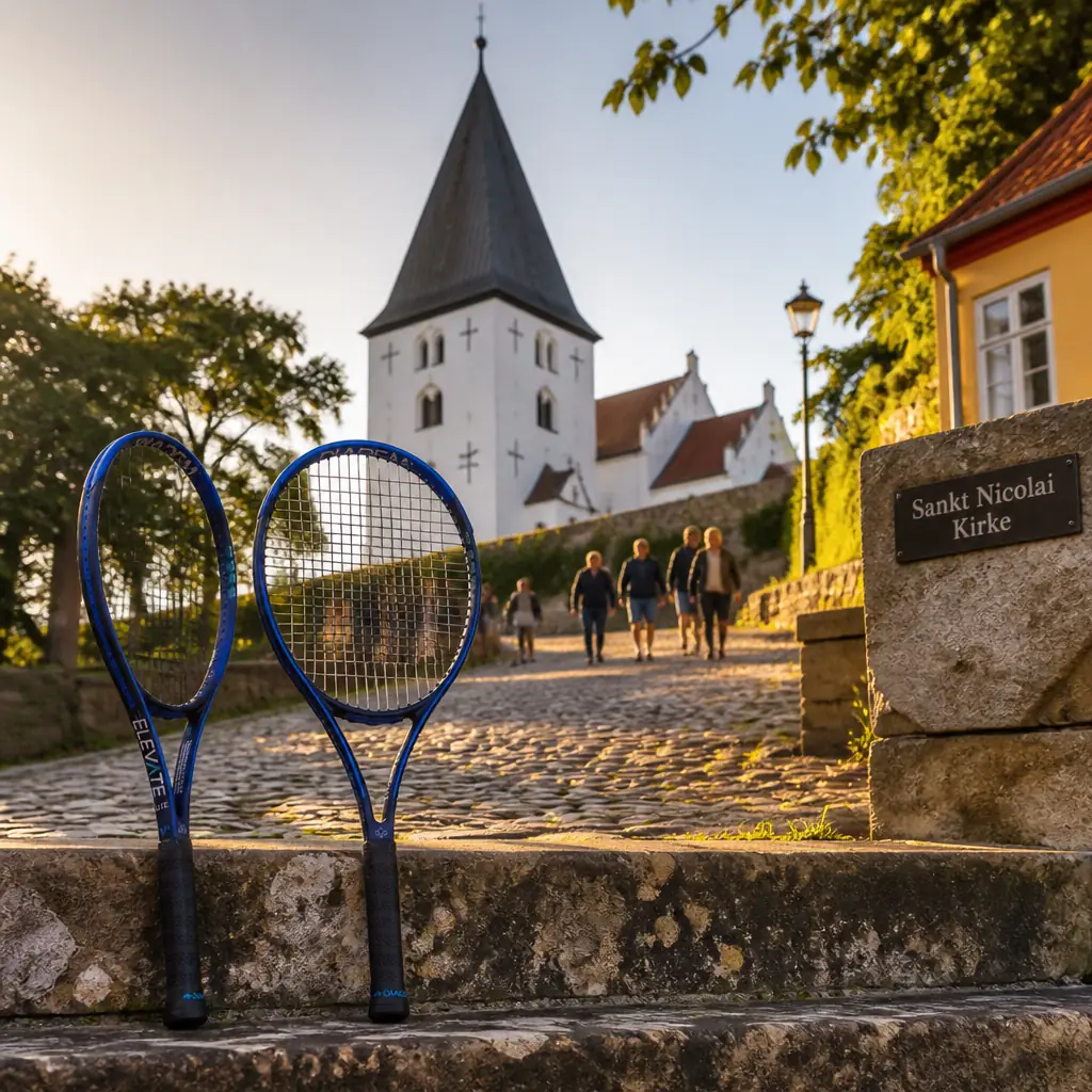 beginner tennis classes Fort Lauderdale — the Diadem Elevate Lite 98 V3 Tennis Racquet photographed at Sankt Nicolai Kirke in Rønne, Denmark. A whitewashed church with a green copper steeple rising over red-tiled roofs a few streets back from the harbour, tall round-headed windows in plain walls. Bright hard morning light in late spring, sharp shadows on the white render: a confirmation service letting out, families in their best clothes clustering at the gate, an organist's bicycle against the wall, a man setting out chairs at a café opposite. The racquet rests against the churchyard railing, nobody holding it.