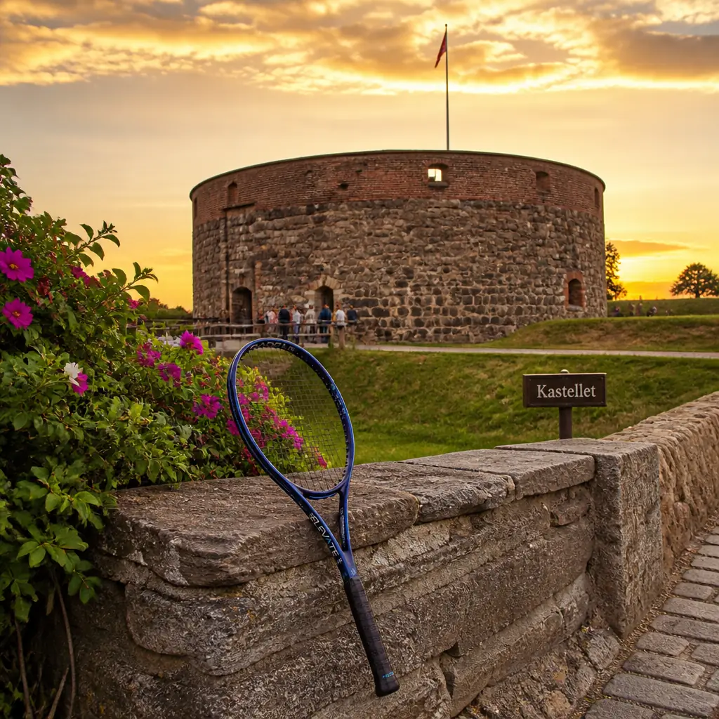 beginner tennis classes Fort Lauderdale — the Diadem Elevate Lite 98 V3 Tennis Racquet photographed at Kastellet in Rønne, Denmark. A low round stone-and-brick tower with very thick walls set in grassed earthworks south of the town, old guns along the rampart, sea beyond. Overcast grey afternoon in November with rain just past, grass sodden and the stone dark with wet: a museum volunteer in oilskins swinging the gate, a school group being marched up the rampart, two men wheeling a barrow of gravel along the path. The racquet lies flat on a gun carriage, ignored.
