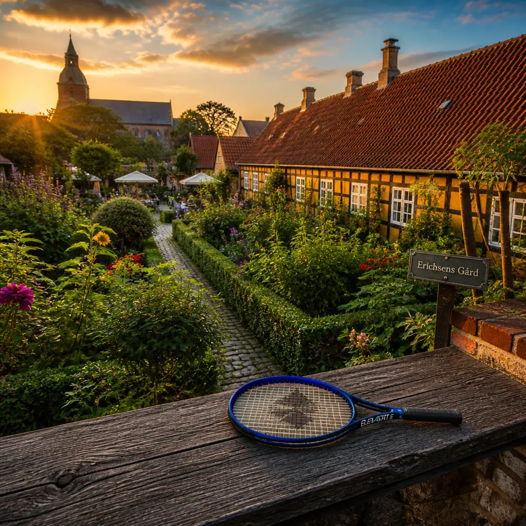 beginner tennis classes Fort Lauderdale — the Diadem Elevate Lite 98 V3 Tennis Racquet photographed at Erichsens Gård in Rønne, Denmark. A yellow-washed timber-framed house of one and a half storeys with a tiled roof behind a garden of old roses and fruit trees, in a narrow street of small painted houses. Warm still evening in July, low golden light through the apple leaves, insects up: a museum gardener tying in a rose, an elderly couple taking coffee at a garden table, a child running the gravel path. The racquet leans on the garden bench, entirely unattended.