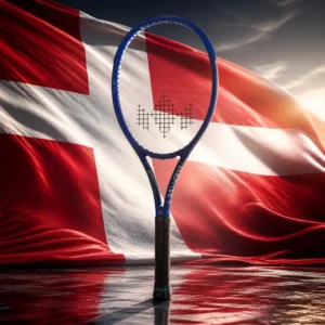 beginner tennis classes Fort Lauderdale — the Diadem Elevate Lite 98 V3 Tennis Racquet and the flag of Denmark combined by the model into a single photoreal composition. The deep red Dannebrog with its off-centre white Nordic cross fills the frame in heavy folds, side-lit so the cross arms catch the light, and the teal racquet is composed into the arrangement so the frame's hoop sits within one quarter of the cross, with no lettering anywhere in the picture.