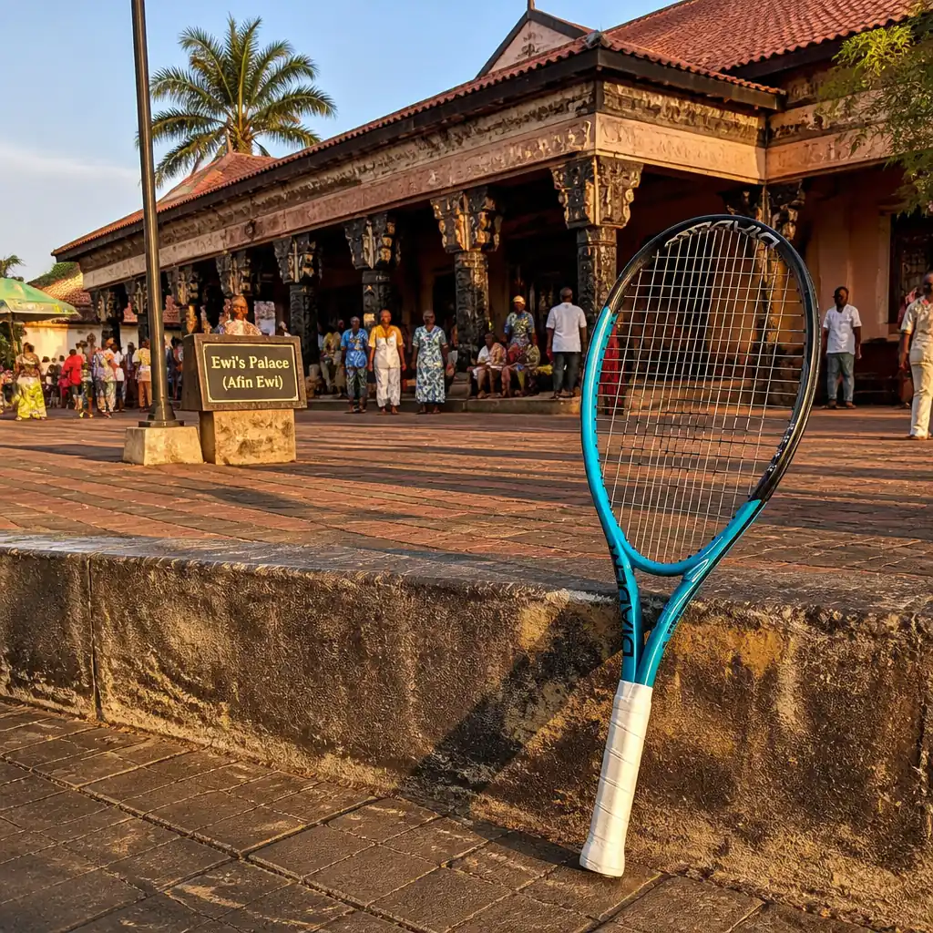 beginner tennis classes in Fort Lauderdale — the Diadem Super 23 Junior Tennis Racquet photographed at the Ewi's Palace in Ado Ekiti, Nigeria. The walled palace compound with its wide ceremonial forecourt, carved posts and painted gateway, camera low near the swept red earth looking up at the gate. Early morning, hard raking light and long shadows: drummers warming up under the wall, palace attendants in wrappers carrying stools out to the forecourt, a small crowd gathering for a chieftaincy greeting, dust lifting where a broom is working. The junior racquet leans against a worn step in the near foreground, nobody touching it.