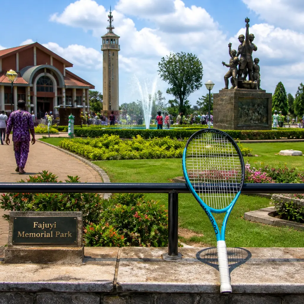 beginner tennis classes in Fort Lauderdale — the Diadem Super 23 Junior Tennis Racquet photographed at Fajuyi Memorial Park in Ado Ekiti, Nigeria. A triangular public park with a fountain running, a tower, mown lawns and a children's playground laid out around a grave. Eye level, straight on, bright hard midday under a high sun: the fountain throwing spray, schoolchildren in uniform being lined up for a photograph by a teacher, a groundsman edging a border, two students revising on a bench. The racquet rests along the back of a park bench in the middle distance off to one side, ignored by everyone in the park.