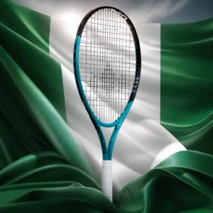 beginner tennis classes in Fort Lauderdale — the Diadem Super 23 Junior Tennis Racquet and the flag of Nigeria combined by the model into one photoreal composition. The vertical green-white-green tricolour fills the frame, the two outer green bands deep and the central white band bright, the cloth lifted and lit from behind so the folds glow at the edges, and the junior racquet is composed into the arrangement so its frame and the white central band run as a single line, with no lettering anywhere in the picture.