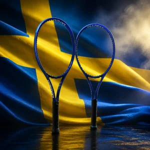 beginner tennis classes Lake Ridge — the Diadem Elevate 98 V3 Tennis Racquet and the flag of Sweden combined by the model into one photoreal composition. The light blue field with its golden Nordic cross fills the frame, the cross offset towards the hoist, the cloth hanging in slow folds and side-lit so the yellow arms catch the light against the deeper blue, and the racquet is composed into the arrangement so the frame's throat and the crossing of the two gold arms read as one continuous form, with no lettering anywhere in the picture.