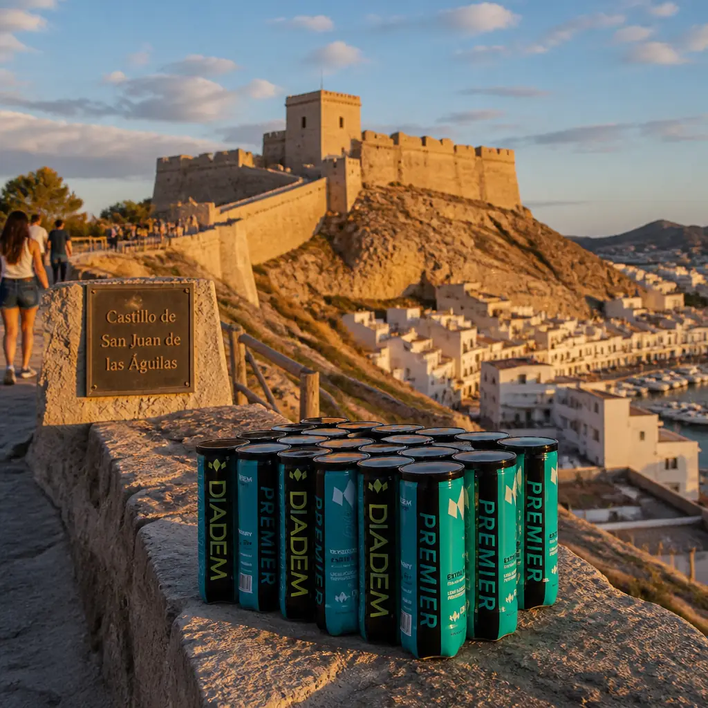 beginner tennis classes Oakland Park — the Diadem Premier Extra Duty Tennis Ball Case sitting on a worn stone step close in the foreground at the Castillo de San Juan de las Águilas in Águilas, Spain, the bastioned stone fort rising above it against the sky, camera low and looking up, walkers reaching the summit path with both bays behind them in raking early-morning light