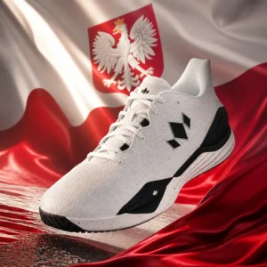 beginner tennis classes Plantation — the Diadem Court Burst Men's Tennis Shoes and the flag of Poland combined by the model into a single photoreal composition. The plain white-over-red horizontal bicolour fills the frame in clean folds, lit from one side so the fold shadows separate the two bands, and the pair of shoes is composed into the arrangement so the outsoles read against the red and the knit uppers against the white, with no lettering anywhere in the picture.