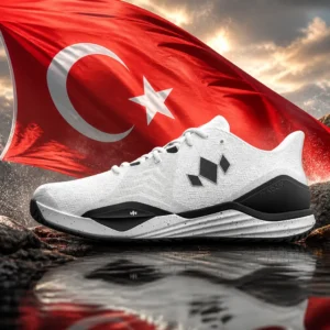 beginner tennis classes Poinsettia Heights — the Diadem Court Burst Women's Tennis Shoes and the flag of Turkey combined by the model into one photoreal composition. The red field fills the frame with the white crescent and its five-pointed star set slightly left of centre, the cloth caught mid-lift so the folds run diagonally and the light rakes across the red, and the pair of shoes is composed into the arrangement so that their curved profiles echo the arc of the crescent, with no lettering anywhere in the picture.