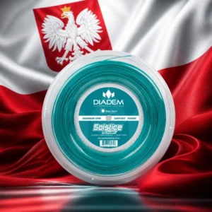 beginner tennis classes Sunrise Intracoastal — the Diadem Solstice Power 16L Tennis String Reel composed by the model into one photoreal image with the flag of Poland, the plain white over red horizontal bicolour in real cloth, hanging and folding around the reel with true weight, true shadow and true light.
