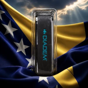 beginner tennis classes Sunrise Key — the Diadem Vintage Feel Hybrid Tennis Replacement Grip and the flag of Bosnia and Herzegovina combined by the model into a single photoreal composition. The medium blue field with its yellow right triangle fills the frame in heavy cloth, the line of white five-pointed stars running along the triangle's hypotenuse with a half star cut off at the top and at the bottom, side-lit so the folds carry the light, and the coiled black leather grip composed into the arrangement so its curve follows the diagonal of the triangle as one object. No people, and no lettering anywhere in the picture.