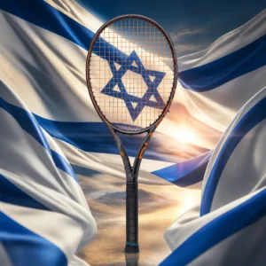 beginner tennis classes — the Diadem Axis 98 16x20 Tennis Racquet and the flag of Israel combined by the model into a single photoreal composition. The white field with its two horizontal dark sky-blue stripes and the blue Star of David centred between them fills the frame, the cloth hanging in soft folds lit from one side so the light runs along the stripes, and the black and orange frame is composed into the arrangement so the racquet's hoop and the six-pointed star sit in one balanced geometry, with no lettering anywhere in the picture.