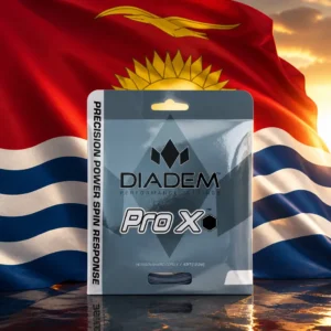 beginner tennis classes Victoria Park — the Diadem Pro X string set composed with the flag of Kiribati, the gold frigatebird over a rising sun on red above three white wavy stripes on blue