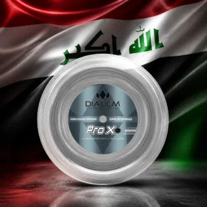 beginner tennis lessons — the Diadem Pro X 16L Tennis String Reel and the flag of Iraq combined by the model into a single photoreal composition. The three equal horizontal bands of red, white and black fill the frame in deep sculptural folds with the green Kufic takbir set on the white band, the cloth side-lit so each band carries its own gradient, and the blue reel of hexagonal string is composed into the arrangement so the coil sits against the white band and reads as part of one designed object, with no other lettering anywhere in the picture.