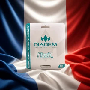 best cardio tennis class Fort Lauderdale — the Diadem Flash 16L Tennis String Set and the flag of France combined by the model into a single photoreal composition. The vertical tricolour of blue at the hoist, white and red fills the frame in deep folds, side-lit so the navy goes almost black in the shadows and the white holds the highlight, and the white coil of round co-polyester string is composed into the arrangement so it sits on the white band and reads as part of one designed object, with no lettering anywhere in the picture.