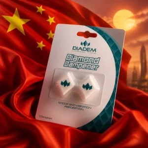 best cardio tennis class — the Diadem Diamond Damper composed by the model into one photoreal image with the flag of the People's Republic of China, the red field with one large golden five-pointed star and four smaller stars arcing beside it, rendered in real cloth with true folds, true shadow and true light around the dampener.