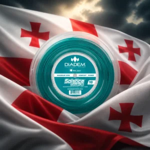 best cardio tennis classes — the Diadem Flash 16g Tennis String Set and the flag of Georgia combined by the model into a single photoreal composition. The white field with its large central red cross reaching all four edges and a smaller red Bolnisi cross in each of the four corners fills the frame in deep folds, side-lit so the white holds texture and the red goes deep in the shadows, and the white coil of round co-polyester string is composed into the arrangement so it sits in one quarter of the field and reads as part of one designed object, with no lettering anywhere in the picture.