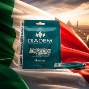 best cardio tennis clinic — the Diadem Flash 16L Tennis String Reel and the flag of Italy combined by the model into a single photoreal composition. The vertical tricolour of green at the hoist, white and red fills the frame in deep folds, lit from one side so the green darkens into the shadow and the white band carries the highlight, and the white reel of round co-polyester string is composed into the arrangement so the coil sits on the white band and reads as part of one designed object, with no lettering anywhere in the picture.