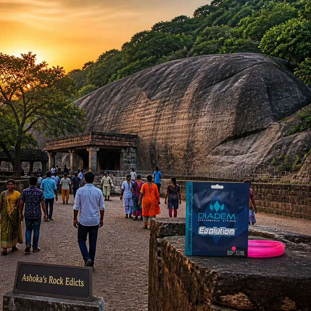 best cardio tennis lessons Fort Lauderdale — the Diadem Evolution 15L Tennis String Set photographed at the Ashokan Rock Edicts on the Girnar road outside Junagadh, India — a single huge rounded granite boulder the size of a small house, housed in a plain roofed shelter, its curved face covered in close-packed lines of incised Brahmi and Sanskrit. Camera elevated looking down into the shelter, wide, with the rock small in a big frame at golden hour, dusty gold light slanting in under the roof and the Girnar massif visible beyond. A guide is tracing the lines with a torch for a family, a conservator is photographing a section with a scale bar, a caretaker is sweeping the floor, and a stray dog is stretched out in the last warm patch. The string set sits on the bare stone plinth at the edge of the shelter, small in the frame and far from anyone.