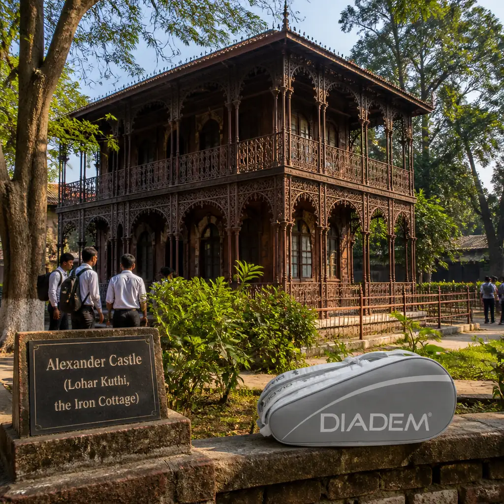 best cardio tennis lessons — the Diadem Tour V3 Tennis Bag (12 Racquet) photographed at Alexander Castle in Mymensingh, Bangladesh — a compact, sharply gabled two-storey iron-framed building with Russian-influenced detailing, standing behind a small ornamental pond in the grounds of the men's teachers' training college. Eye level, straight on, hard white midday sun and short hard shadows, the building doubled in the still pond. Students are sitting along the pond wall eating from paper plates, a librarian is wheeling a trolley of books up the ramp, two men are cutting the lawn with hand sickles, and a crow is mid-dive at somebody's lunch. The bag rests on a painted iron railing in the middle distance, off to one side, unnoticed.