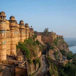 best cardiovascular tennis clinic — a wide daylight photograph of Gwalior, India with no product in frame: the city seen from below the fort ridge on a clear, cool winter morning, the long sandstone escarpment running across the top of the frame with the turquoise-tiled bastions of Man Mandir Palace on its end, the old town packed tight underneath, a bedai and jalebi stall going full tilt with a crowd around the kadhai, cycle rickshaws and scooters filling the road, cows in the traffic, kites up over the rooftops, and the Gopachal rock-cut Jain figures in the cliff face at the edge of the view.