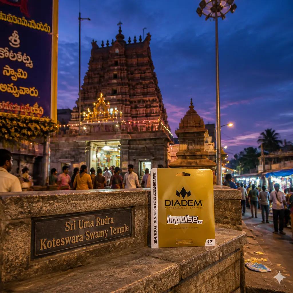 best exercise for depression — the Diadem Impulse 16g Tennis String Set photographed at the Kurmanathaswamy Temple at Srikurmam near Srikakulam, India. A low, wide, pillared stone temple behind a walled enclosure in flat green country, its mandapa a forest of individually carved black stone columns, the shrine facing west. Eye-level view straight on into the colonnade in heavy overcast at midday during the July rains, water running off the eaves and standing on the flagstones: pilgrims moving clockwise through the pillars with wet feet, a temple elephant handler waiting out the downpour under the eaves, an old man ringing the bell, a family sheltering against a column. The set of string rests on a stone ledge at the base of a carved pillar in the middle distance, off to one side, ignored.