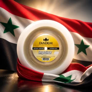 best sport for mental health — the Diadem Impulse 16g Tennis String Reel and the flag of Syria combined by the model into a single photoreal composition. The green, white and black horizontal tricolour with three red five-pointed stars across the white band fills the frame in soft folds, warmly side-lit, and the natural-coloured multifilament reel is composed into the arrangement so its disc sits between two of the red stars, with no lettering anywhere in the picture.
