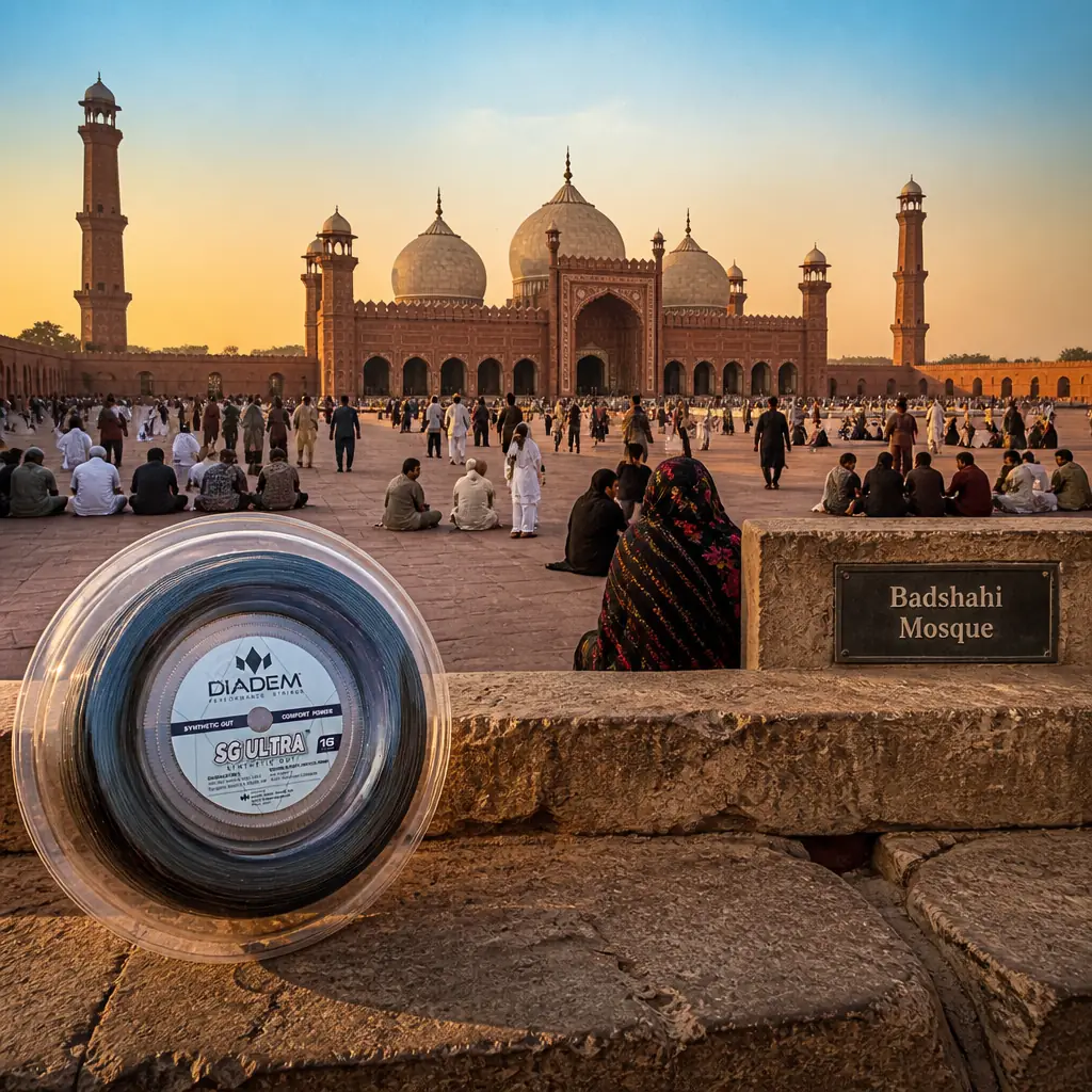 best tennis class Fort Lauderdale — the Diadem SG Ultra 16g Tennis String Reel photographed at the Badshahi Mosque in Lahore, Pakistan. A vast red sandstone mosque with three white marble domes and four corner minarets, its enormous courtyard raised on a stepped platform above the Hazuri Bagh. Low camera near ground level looking up the entrance steps, hot hard sun at four in the afternoon in May with the sandstone glowing and the shadows short and black: worshippers coming up the steps barefoot with their shoes in their hands, a family crossing the courtyard in a line, a caretaker sluicing the marble with water that is steaming off it, pigeons lifting from the parapet. The reel of string sits close in the near foreground on a worn sandstone step, untouched.