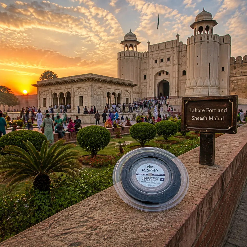 best tennis class Fort Lauderdale — the Diadem SG Ultra 16g Tennis String Reel photographed in the Sheesh Mahal inside Lahore Fort, Pakistan. A white marble pavilion whose ceilings and walls are inlaid with thousands of tiny mirror pieces, opening onto a courtyard of the walled Mughal citadel. Eye-level view straight on into the mirrored chamber at dusk, the light almost gone outside and warm lamplight inside throwing thousands of small reflections across the ceiling: a conservator on a low platform working a section of inlay, visitors standing still with their heads back, a guide holding up a single candle, a child turning slowly on the spot. The reel of string rests on a marble ledge in the middle distance off to one side, ignored by everyone in the room.