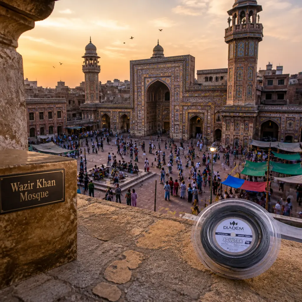 best tennis class Fort Lauderdale — the Diadem SG Ultra 16g Tennis String Reel photographed at the Wazir Khan Mosque inside Delhi Gate in the Walled City of Lahore, Pakistan. A mosque covered inside and out with intricate cut-tile mosaic in blue, green and orange, its tall gateway rising straight out of the surrounding rooftops above a narrow bazaar lane. Elevated wide view looking down from a facing rooftop, cool grey January morning with mist still in the lane and the tilework dulled to deep blue: the food lane below already working, a man lifting fried fish out of a wok with a spider skimmer, a tea boy running a tray of cups between shops, shutters going up, a bicycle threading the crowd. The reel sits small on the flat parapet at the edge of the frame, the mosque and the lane dominating, nobody near it.