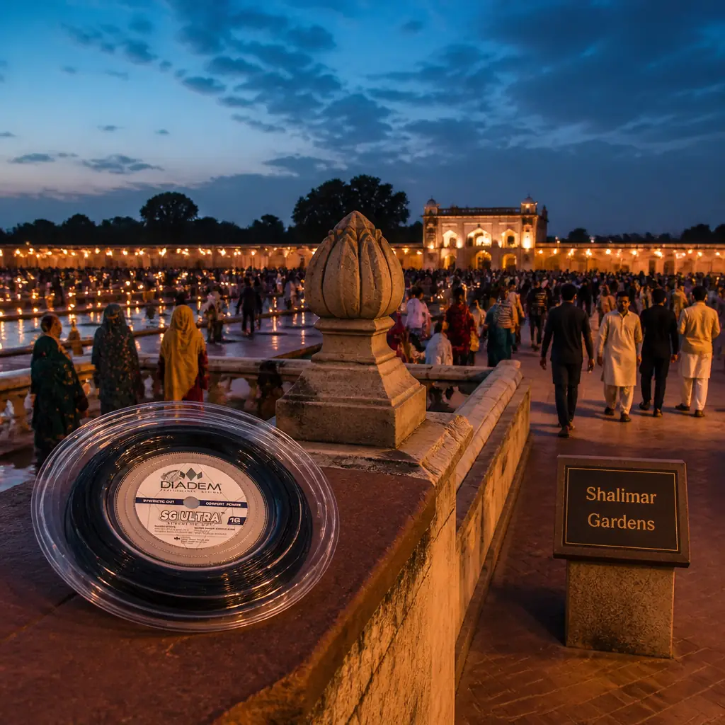 best tennis class Fort Lauderdale — the Diadem SG Ultra 16g Tennis String Reel photographed at the Shalimar Gardens east of Lahore, Pakistan. A walled Mughal garden on three descending terraces with long straight water channels, stone pavilions and hundreds of small fountain jets rising from the tanks. Close, intimate, shallow-focus view along the lip of a water channel at nine in the evening in July, monsoon warmth, the garden lit from below and the jets caught mid-rise against the dark: families spread on cloths eating in the cool, a man wading in to clear a blocked jet, children running the length of the channel, a vendor pushing a barrow of cut mango. The reel of string rests on the stone kerb of the channel close to the lens, spray landing near it, nobody paying it any attention.