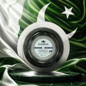best tennis class Fort Lauderdale — the Diadem SG Ultra 16g Tennis String Reel and the flag of Pakistan combined by the model into a single photoreal composition. The dark green field with its white vertical stripe at the hoist fills the frame, the white crescent moon and five-pointed star centred on the green, the cloth lit from one side so the folds run through the crescent, and the round reel of string is composed into the arrangement so that its coil and the curve of the crescent read as one continuous shape, with no lettering anywhere in the picture.