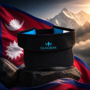 best tennis classes Fort Lauderdale — the Diadem Select Tennis Visor and the flag of Nepal combined by the model into a single photoreal composition. The crimson double-pennon flag fills the frame with its blue border, the white crescent moon in the upper pennant and the white twelve-rayed sun in the lower one, the cloth lit from one side so the folds run down the two triangular points, and the black visor with its curved brim is composed into the arrangement so that the arc of the brim and the arc of the crescent read as one continuous curve, with no lettering anywhere in the picture.