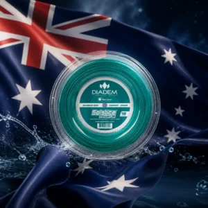 best tennis classes — the Diadem Elite XT 17g Tennis String Set and the flag of Australia combined by the model into a single photoreal composition. The dark blue field fills the frame with the Union Jack in the upper hoist canton, the large white seven-pointed Commonwealth Star below it, and the five white stars of the Southern Cross in the fly, the cloth lit from one side so the folds carry light across the stars, and the coiled set of string is composed into the arrangement so that its loops and the points of the Commonwealth Star read as one object, with no lettering anywhere in the picture.