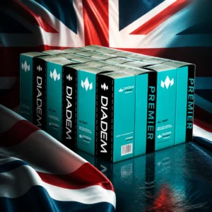 best tennis clinic Fort Lauderdale — the Diadem Premier Pressureless Tennis Ball Case and the flag of the United Kingdom combined by the model into a single photoreal composition. The Union Jack fills the frame with the red cross of St George on white over the white diagonal saltire of St Andrew and the red diagonal of St Patrick on a blue field, the counterchanged diagonals correctly offset, the cloth lit from one side so the folds run along the crossing bars, and the case of balls is composed into the arrangement so that the yellow of the balls and the crossing of the red bars read as one object, with no lettering anywhere in the picture.