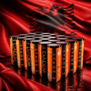 best tennis clinics Fort Lauderdale — the Diadem Stage 2 Orange Dot Tennis Balls composed together with the national flag of Albania in one photoreal studio composition — the blood-red field and black double-headed eagle filling the background in deep folds, lit from one side, with the can of orange-dot balls standing clear in front of it. Nobody wears, holds or uses it, and there are no words, letters, numerals or lettering of any kind anywhere in the frame.