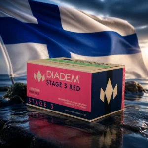best tennis clinics — the Diadem Stage 3 Red Dot Tennis Balls composed together with the national flag of Finland in one photoreal studio composition — the white field and sea-blue Nordic cross filling the background in soft folds, lit from one side, with the can of red-dot balls standing clear in front of it. Nobody wears, holds or uses it, and there are no words, letters, numerals or lettering of any kind anywhere in the frame.