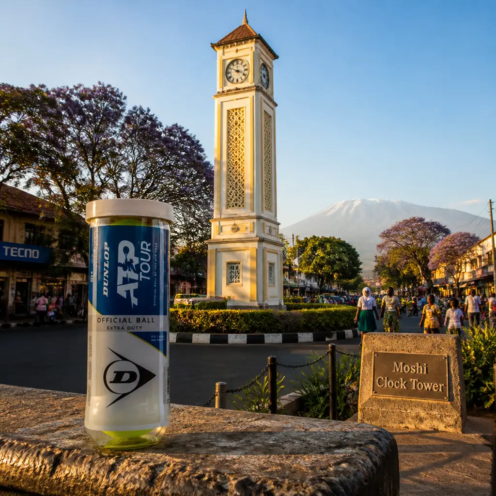 best tennis lessons Fort Lauderdale — the Dunlop Tour ATP ball can standing on a worn stone step on the Kilimanjaro foothills above Moshi at dawn, porters weighing and roping loads for a climb while the mountain's snow cap catches first light behind them