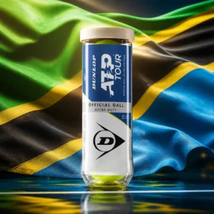 best tennis lessons Fort Lauderdale — the Dunlop Tour ATP ball can composed with the flag of Tanzania, the black and gold diagonal band dividing green and blue behind the can in warm equatorial light