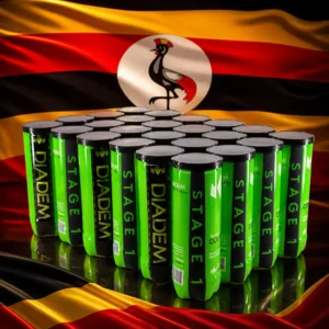 best tennis lessons — the Diadem Stage 1 Green Dot Tennis Balls composed together with the national flag of Uganda in one photoreal studio composition — six horizontal bands of black, yellow and red filling the background in soft folds with the white disc and grey crowned crane at the centre, lit from one side, the can of green-dot balls standing clear in front of it. Nobody wears, holds or uses it, and there are no words, letters, numerals or lettering of any kind anywhere in the frame.