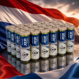 Beverly Heights adult tennis classes — the Dunlop Tour ATP Tennis Ball Case composed together with the national flag of the Netherlands in one photoreal studio composition — the red, white and blue horizontal triband filling the background in soft deep folds, lit from one side, with the case of balls standing clear in front of it. Nobody wears, holds or uses it, and there are no words, letters, numerals or lettering of any kind anywhere in the frame.