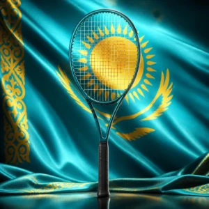 Beverly Heights beginner tennis classes — the Wilson Blade 100 UL V9 Tennis Racquet composed together with the national flag of Kazakhstan in one photoreal studio composition — the sky-blue field with its golden sun, steppe eagle and the gold ornamental band down the hoist filling the background in soft folds, lit from one side, the racquet standing clear in front of it. Nobody wears, holds or uses it, and there are no words, letters, numerals or lettering of any kind anywhere in the frame.