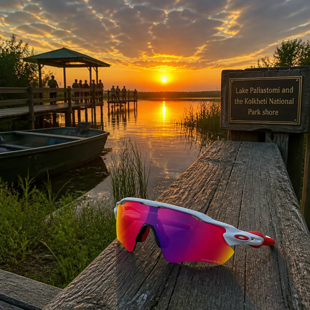 Beverly Heights cardio tennis classes — the Oakley Radar EV Path Shield Sunglasses photographed in Kolkheti National Park around Poti, Georgia — flooded alder and peat-bog wetland crossed by a timber boardwalk, reed channels and standing water among the trees. Golden hour going into dusk, warm low light raking through the trunks and lying on the still water, insects in the beams. Eye-level view along the boardwalk. Two birdwatchers have stopped with binoculars up, a ranger is walking back towards them with a clipboard, a child is leaning over the rail pointing at something in the water, and a flight of ducks comes in low over the reeds. The sunglasses rest on the timber handrail of the boardwalk in the middle distance, untouched.