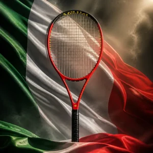 Beverly Heights cardio tennis clinic — the Volkl Vostra V8 315 Tennis Racquet and the flag of Italy combined by the model into a single photoreal composition. The green, white and red vertical tricolour fills the frame in heavy fabric, side-lit so the folds carry the light, and the red racquet is composed into the arrangement so the frame and the red band of the flag read as one continuous object, with the throat and the white band crossing each other, the whole composition carried by fabric, light and colour alone.