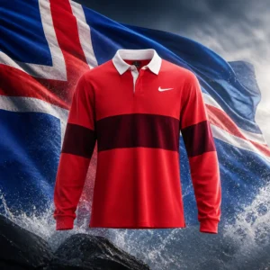 Beverly Heights cardio tennis clinics — the Nike Court Slam Long-Sleeve Tennis Polo and the flag of Iceland combined by the model into a single photoreal composition. The deep blue field with its white-edged red Nordic cross, the vertical arm offset toward the hoist, fills the frame in heavy fabric lit from one side so the folds run across the cross arms, and the red and white polo is composed into the arrangement so its sleeve and body align with the red bar and its white edging and the two read as one object, the whole composition carried by fabric, light and colour alone.