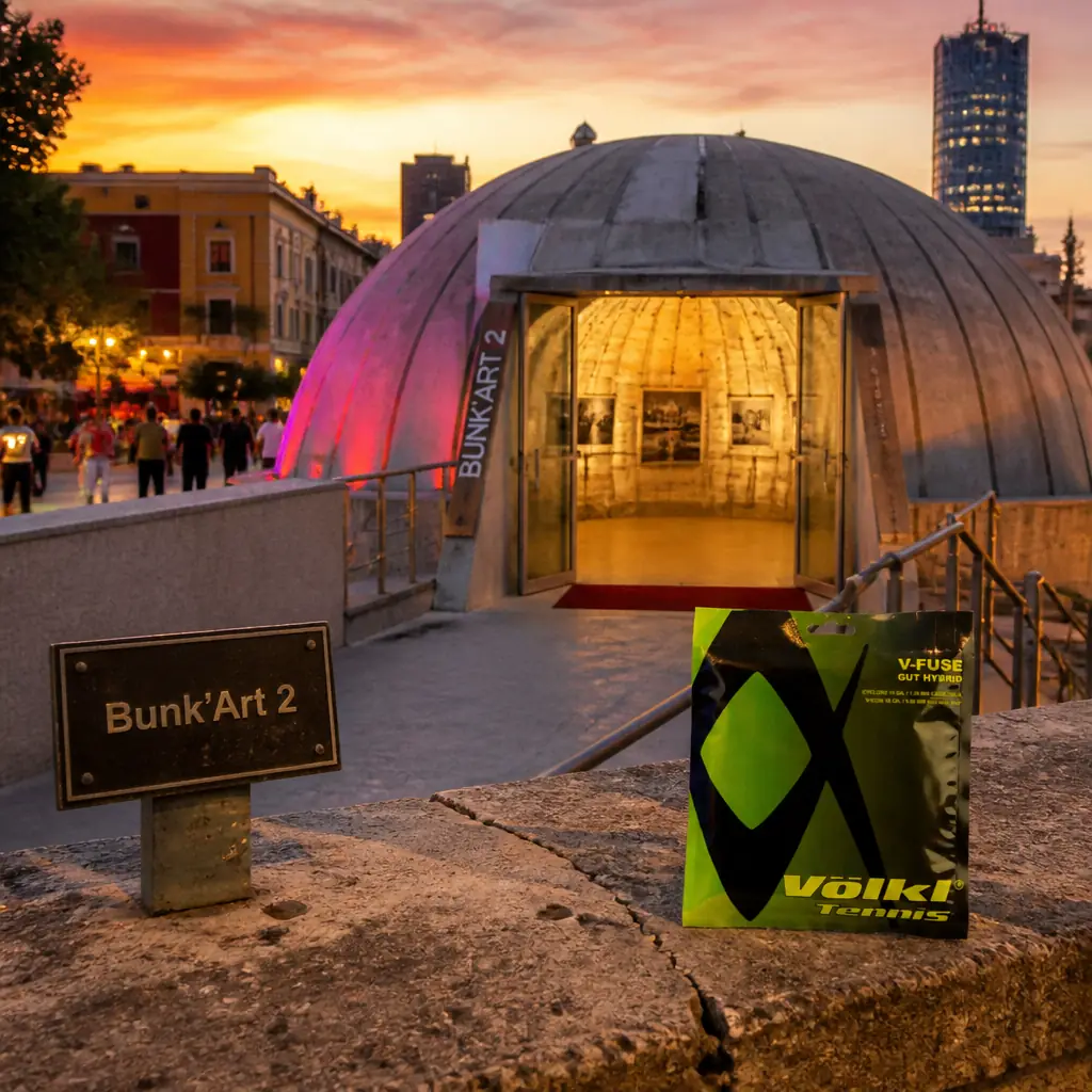 Beverly Heights cardio tennis — the Volkl V-Fuse 16g Tennis String Set photographed at Bunk'Art 2 on Abdi Toptani street in Tirana, Albania — a domed concrete bunker entrance sitting incongruously in the middle of an ordinary street, opening into a tunnel museum below. Interior view just inside: cold artificial lighting, raw concrete tunnel walls, heavy steel doors. Close and intimate framing with shallow depth of field. Visitors are filing down the tunnel reading wall panels, a guide is holding a door for an elderly couple, and a young woman has stopped dead in front of a display and is not moving. The packet of string sits mid-frame on a concrete ledge along the tunnel wall, the doorway off centre behind it, ignored.