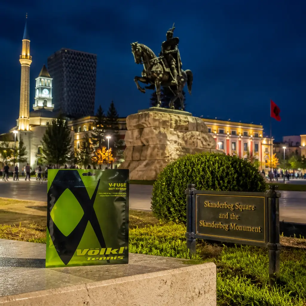 Beverly Heights cardio tennis — the Volkl V-Fuse 16g Tennis String Set photographed on Skanderbeg Square in Tirana, Albania — a vast gently domed stone pavement with the bronze equestrian statue of Skanderbeg in a horned helmet on its plinth. Blue hour running into night, the statue lit from below, the fountains up and lit, the sky deep blue and the square's lamps on. Eye-level view from within the crowd. Children are riding hired electric cars through the fountain spray, a busker is playing to a ring of people, teenagers sit in a row on the fountain edge, and a family is trying to photograph all four of themselves at arm's length. The packet of string rests on a low stone bollard at the edge of frame, unnoticed by everyone.