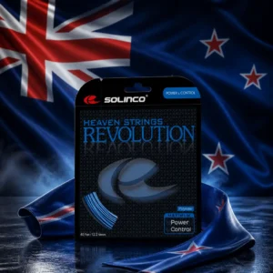 Beverly Heights tennis class — the Solinco Heaven Strings Revolution 17g Tennis String Set and the flag of New Zealand combined by the model into a single photoreal composition. The royal blue ensign fills the frame with the Union Jack in the upper hoist and the four red, white-bordered stars of the Southern Cross arranged across the fly, the fabric lifted in a side wind so the folds carry the light, and the coiled blue string is composed into the arrangement so that the coil sits within the star pattern as one object, with no lettering anywhere in the picture.