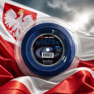 Beverly Heights tennis clinic — the Solinco Heaven Strings Revolution 16L Tennis String Reel and the flag of Poland combined by the model into a single photoreal composition. The plain white-over-red horizontal bicolour fills the frame, lit from one side so that the fold shadows separate the two bands cleanly, and the blue reel is composed into the arrangement so that its round flange sits across the dividing line and holds the white and the red together as one object, with no lettering anywhere in the picture.