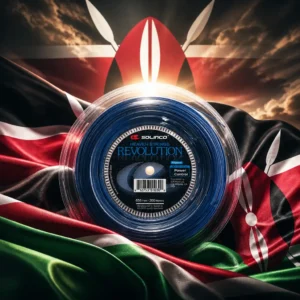 Beverly Heights tennis coaching — the Solinco Heaven Strings Revolution 17g Tennis String Reel and the flag of Kenya combined by the model into a single photoreal composition. The black, red and green horizontal bands with their thin white fimbriations fill the frame, the red, white and black Maasai shield and two crossed white spears centred on them, the cloth lit hard from one side so the shield stands proud of the folds, and the blue reel is composed into the arrangement so that its round flange and the oval of the shield read as one object, with no lettering anywhere in the picture.