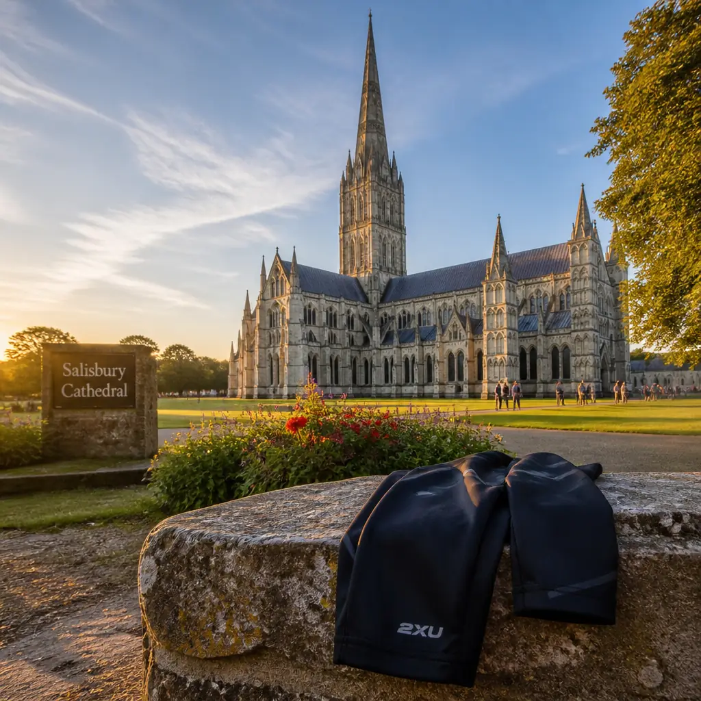 Beverly Heights tennis drills — the folded black compression tights photographed on the great lawn at Salisbury Cathedral, United Kingdom, the pale limestone cathedral standing alone on open grass with its 123-metre spire filling the frame above. Cold clear morning in late February with long raking light and frost still in the shadow line, camera low near the turf looking up: a verger unlocking the west door, a school party being herded into a crocodile by two teachers, a groundsman walking a mower along the edge of the lawn, rooks going up off the tower. The tights lie folded on a worn stone step in the near foreground, unworn and untouched, nobody in the frame near them.